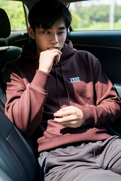 Korean muscular boy that is  and is wearing a maroon hoodie and dark shades, is frowning and inside of a car using its phone