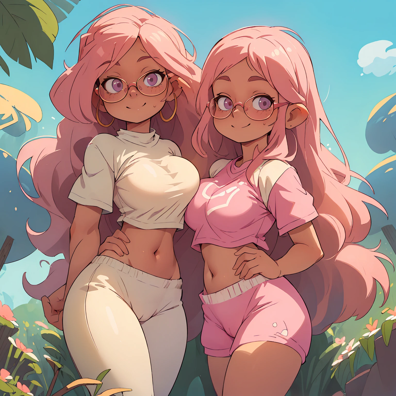 (masterpiece, best quality:1.2), cowboy shot, solo, 1girl, glasses, long fluffy pink hair, chubby, white t-shirt, pink fluffy sweatpants, cowboy shot, slight smile, crop top, stomach, navel exposed, large breasts, beasts niples, cameltoe, moletom baby-doll