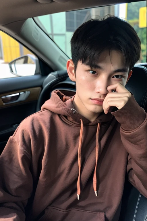 Korean muscular boy that is and is wearing a maroon hoodie and dark shades, is frowning and inside of a car using his phone