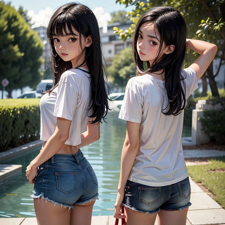 Cute girl , small white t-shirt, Small shorts, black hair red eyes, big breasts, Beautiful butt, wet,