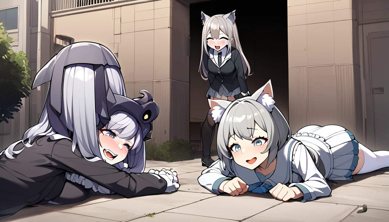 Two huge,Two teenage girls,short skirt,teasing,Two giant girls taller than the building,Those who wear pantyhose,Lying on his stomach,Face down,arrogant,Laughing,Toyed around,shrouded in the villain,,There are a lot of little people around,arrogant巨大的,gray hair,Gray cat ears,Two teenage girls,short skirt,Teasing the villain,Two giant girls taller than the building,arrogant
