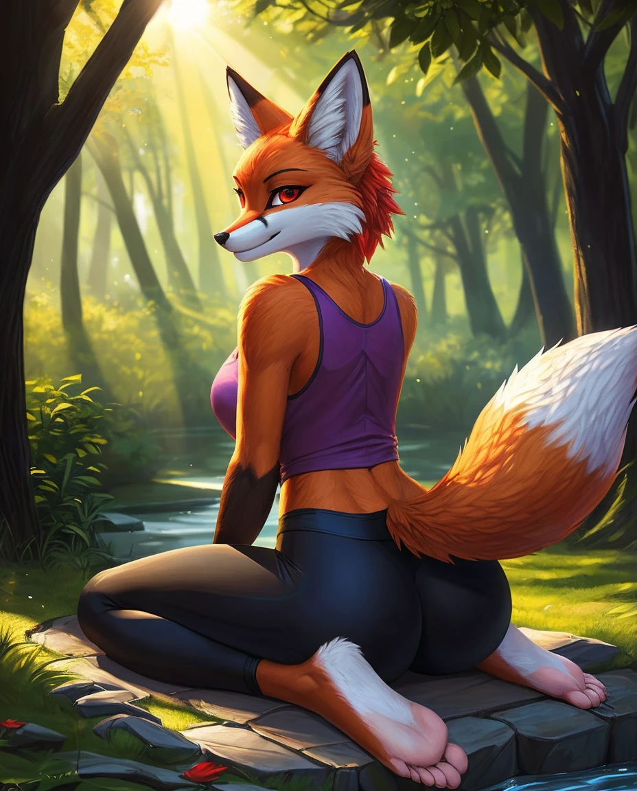 [Pokemon; Extinguish], [uploaded to e621.net; (Foxov), (Pixelsketcher), (mayosplash], ((masterpiece)), ((solo portrait)), ((whole body)), ((fluffy; anthro fox girl)), ((detailed fur)), ((ray tracing)), ((detailed shading)), ((beautiful rendering)), {(anthro Pokemon; Extinguish); (yellow, red, and white fur, red ear fluff), bright red eyes, purple tank top, Big , tight black yoga pants, bare feet}, (is sitting; Looking ahead, attractive pose), [background; Daytime, trees, sun rays through the leaves, pond]