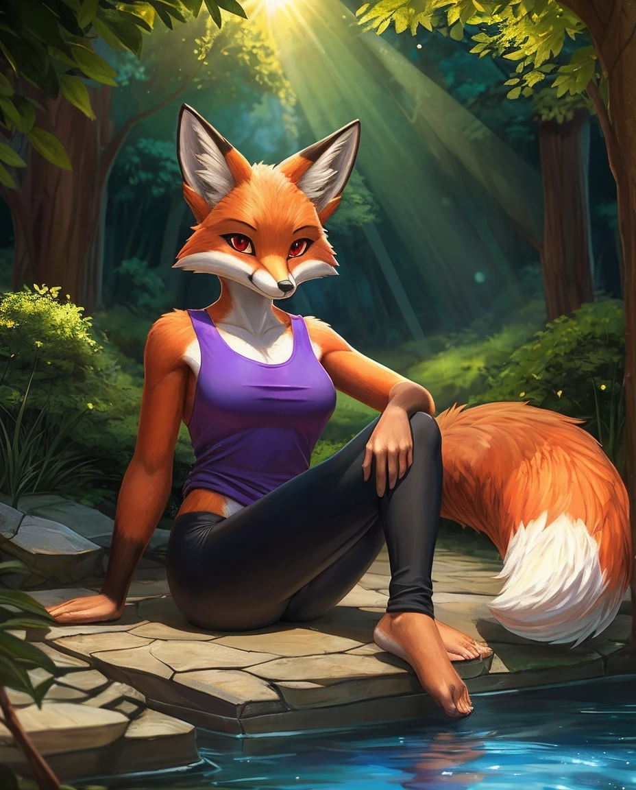 [Pokemon; Extinguish], [uploaded to e621.net; (Foxov), (Pixelsketcher), (mayosplash], ((masterpiece)), ((solo portrait)), ((whole body)), ((fluffy; anthro fox girl)), ((detailed fur)), ((ray tracing)), ((detailed shading)), ((beautiful rendering)), {(anthro Pokemon; Extinguish); (yellow, red, and white fur, red ear fluff), bright red eyes, purple tank top, Big , tight black yoga pants, bare feet}, (is sitting; Looking ahead, attractive pose), [background; Daytime, trees, sun rays through the leaves, pond]