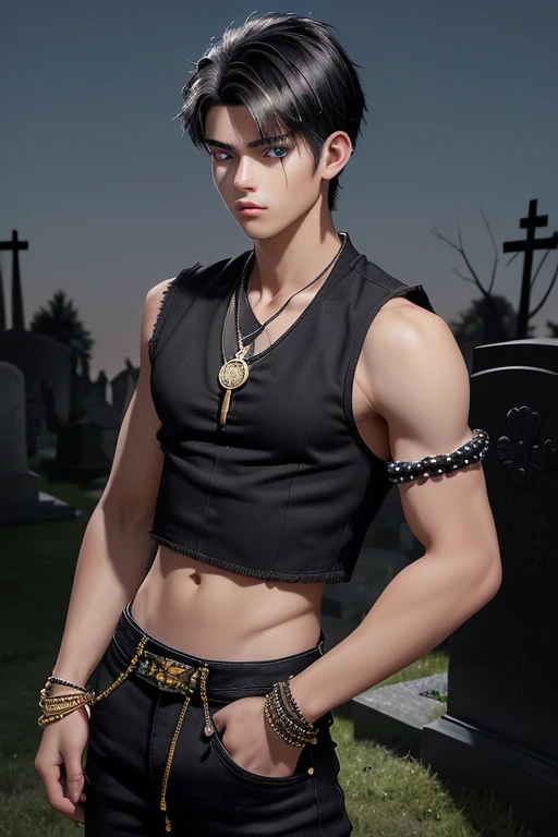 20-year-old boy, black hair with blonde highlights, short yellow sleeveless shirt, open black military vest, wolf print, slim muscular complexion, black denim pants, looking straight at the viewer, blue eyes, Trisquel medallion, black bead bracelets on both arms in the background of a cemetery at night with the moon