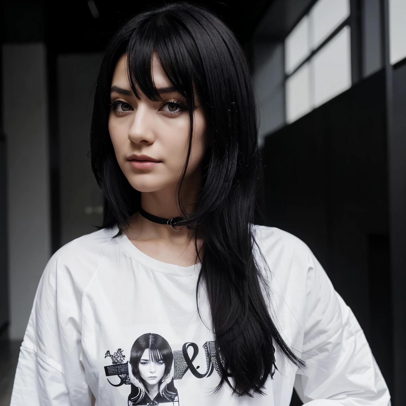 Black-and-white-haired woman wearing a black and white shirt with yellow purple eyes
