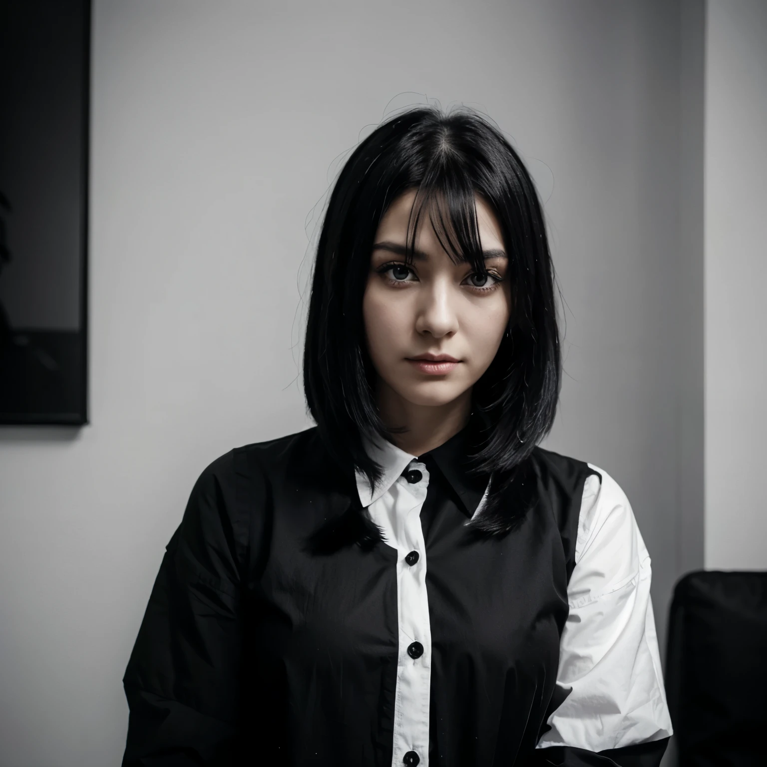 Black-and-white-haired woman wearing a black and white shirt with yellow purple eyes