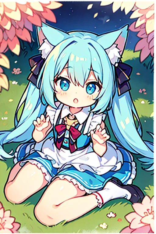 (solo:1.2)),, cute girl sitting,(kneeling),naked,from above,looking up,aqua hair,long hair,(hair over one eye),(dappled sunlight:1.2),blurry,(depth of field:1.1),head tilt,paw pose(touch cheeks), frilled dirndl, nekomimi