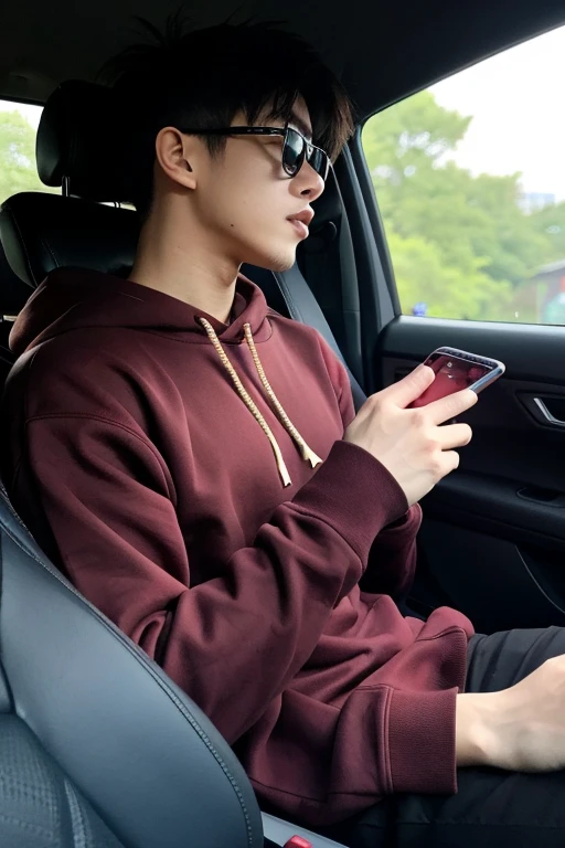 Korean muscular boy that is and is wearing a maroon hoodie and dark shades, is inside of a car using his phone.