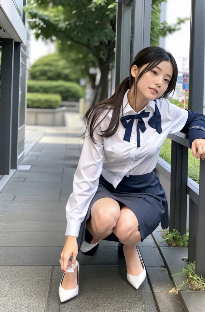 Japanese beauty、A slip is visible from under her office uniform., Not wearing a skirt, business clothes, woman wearing office dress, Work clothes, Work clothes, catalog photo, from me, Detailed image, business clothes装, Image Center, grey, white underwear、The white slip is visible、A white chemise is visible、