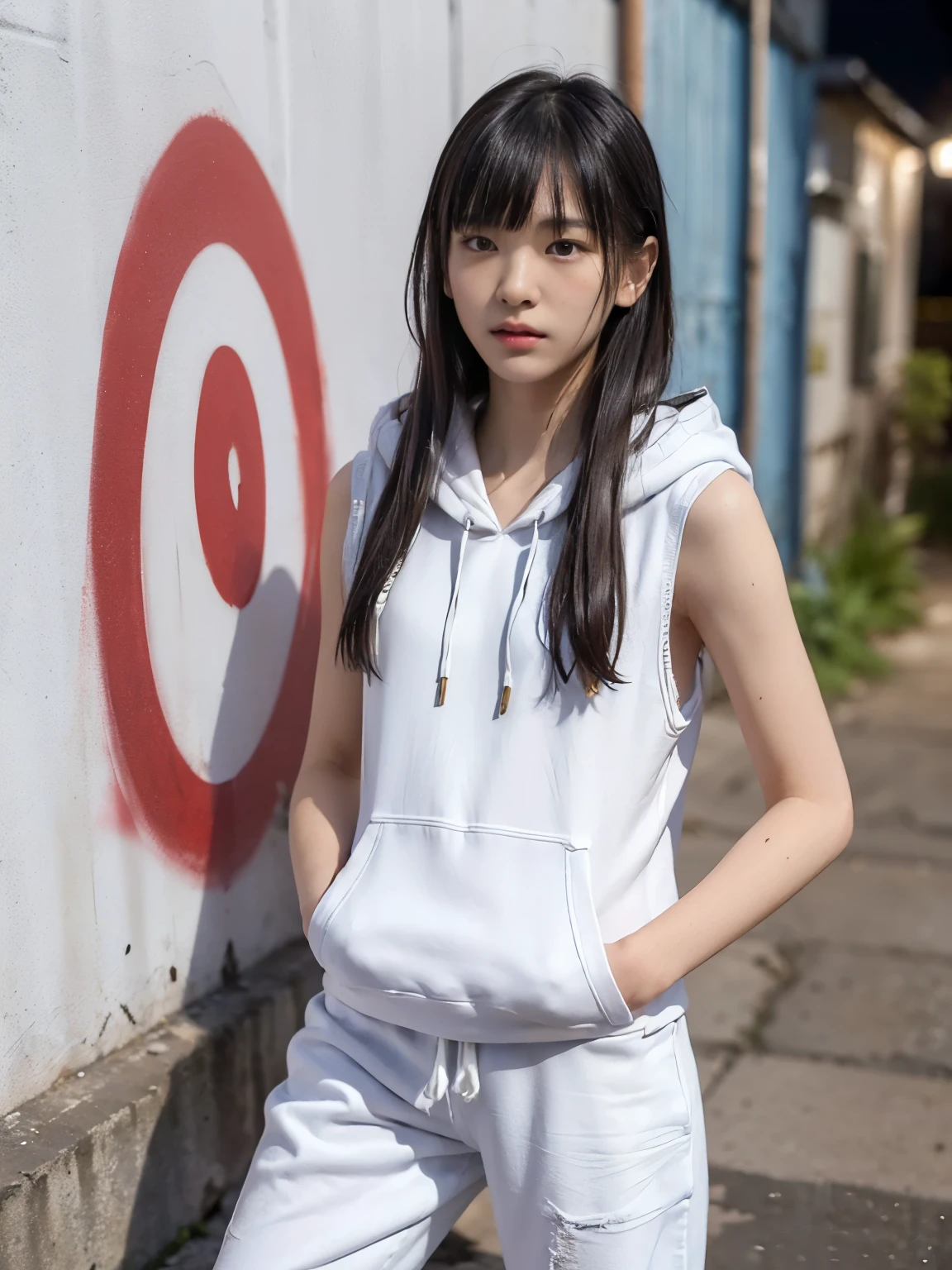 raw photo, 8k, (top-quality), Realistic, (real picture, Intricate details), (natural skin texture, detailed skin, hyper realism, sharpness), (Japanese girl in a dirty back alley at night, hands in pocket, graffitied wall:1.3), ((white hoodie, sleeveless, white jersey pants)), (flat chest:1.3, pale skin:1.2, slender body), ((straight hair, bangs)), (seductive face, provocative look, Parted lips:1.3), graffiti:1.5, night time, upper body shot