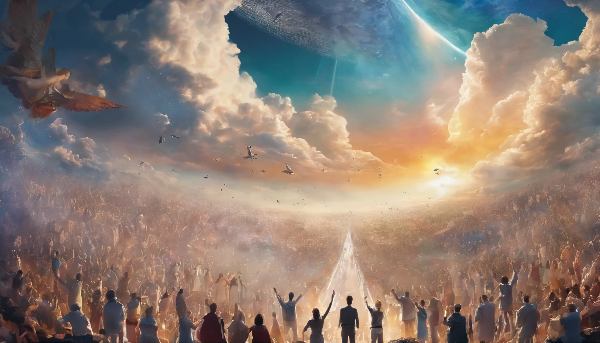 The Rapture ,Thousands of people are floating in the air,Standing on the clouds, Thousands of people are dressed in white, Raise your hands and sing hymns to praise God. The scenes are magnificent and surreal. (Best Quality, 4k, 8K, high resolucion, Masterpiece:1.2), Ultra-detailed, (realisitic, Photorealistic, Realistis:1.37), portrait of a, Vivid colors, studio lit, Sharp focus, physics based rendering, extreme detail description, Biblical Topics, grand ambience, radiant light.