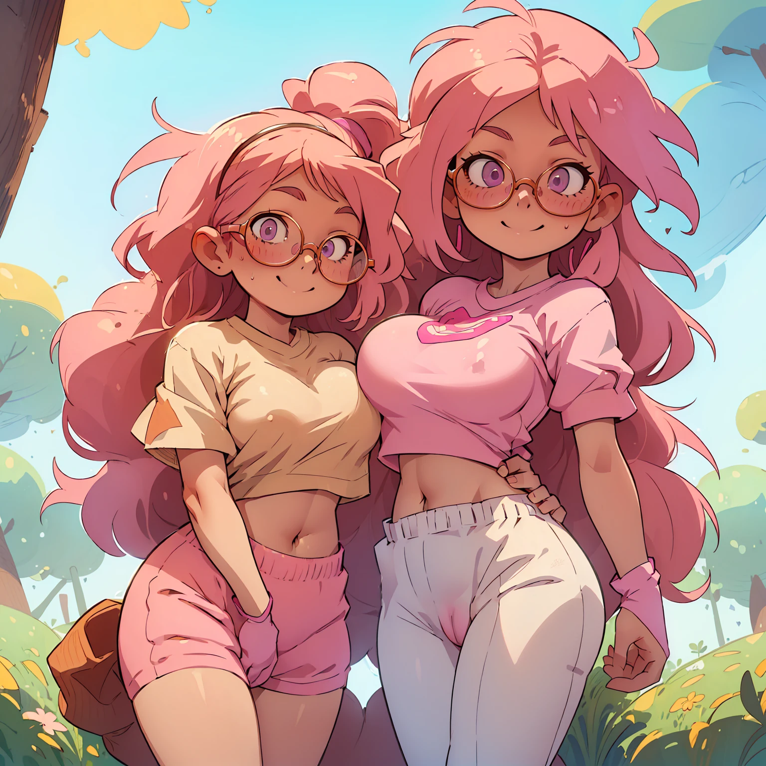 (masterpiece, best quality:1.2), cowboy shot, solo, 1girl, glasses, long fluffy pink hair, chubby, white t-shirt, pink fluffy sweatpants, cowboy shot, slight smile, crop top, nigth dress, stomach, navel exposed, large breasts, beasts niples, cameltoe