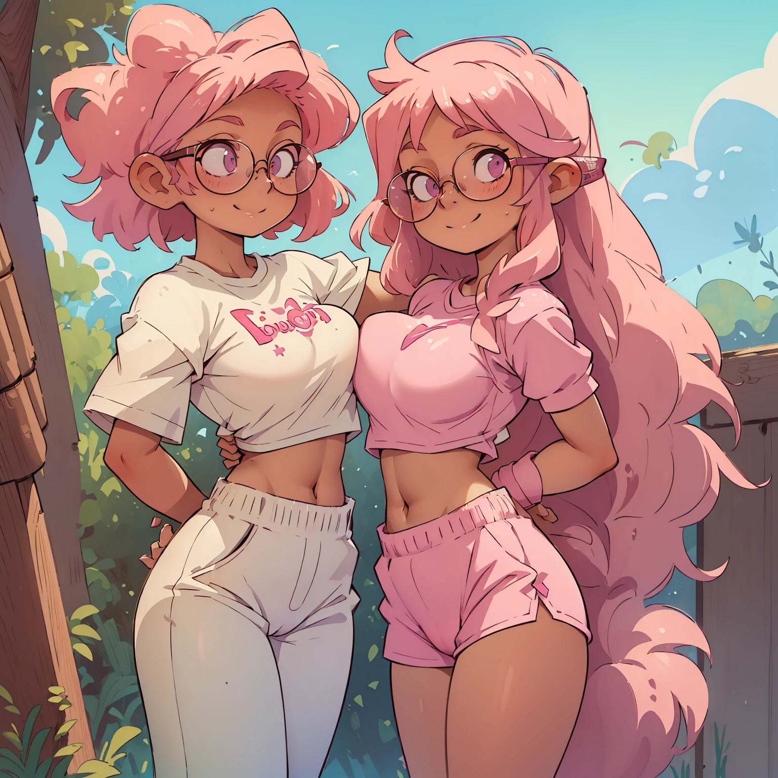 (masterpiece, best quality:1.2), cowboy shot, (solo), (1girl), glasses, long fluffy pink hair, chubby, cowboy shot, slight smile, crop top, elegant leotard, stomach, navel exposed, large breasts, breasts niples, cameltoe