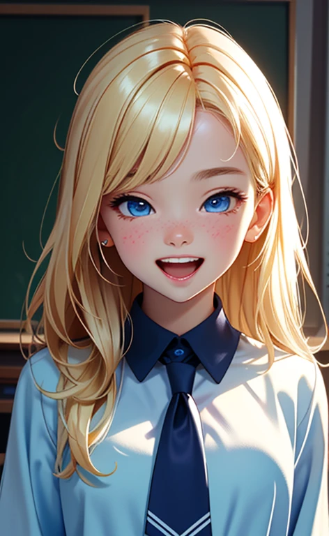 (realistic：1.4、​masterpiece、top-quality、8k size wallpaper、offcial art)、(portrait,upper body:1.6)、(1girl),(very loud laugh,Open mouth:1.3),(half closed eyes),cute face,blue eyes、()、
,(stand),(Shining smile),(round face:1.3),
,(slender),(school uniform),(long fluorescence blonde hair1.3), (small breasts)、
、fluorescence、classroom,JK、