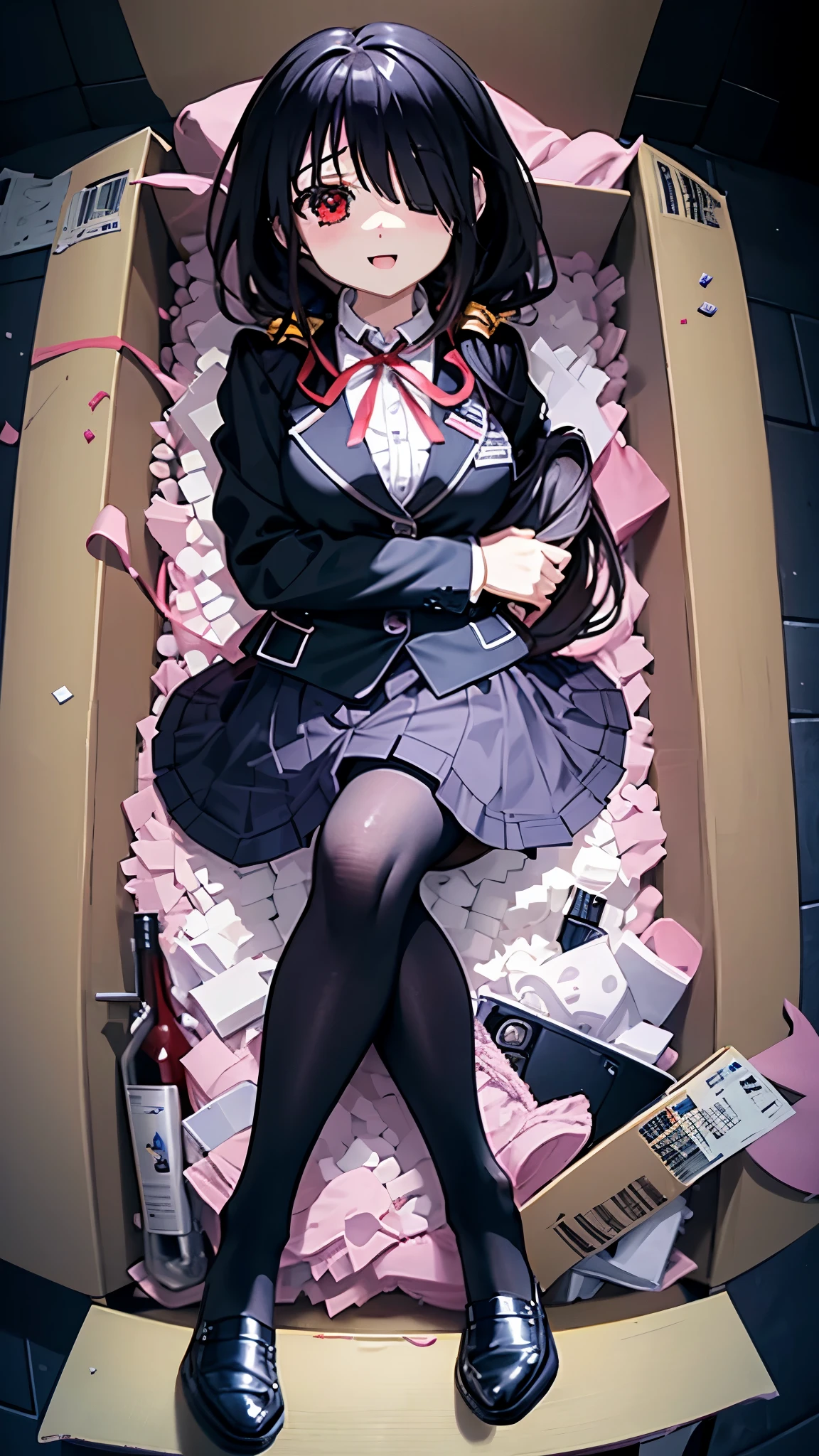 KurumiSchool, low twintails, hair over one eye, , black jacket, blue skirt, neck ribbon, black pantyhose, in_box, nsidebox, boxrelaxed, in box, in container, inside cardboard box, box with packing peanuts, box with doll, various kinds of expressions