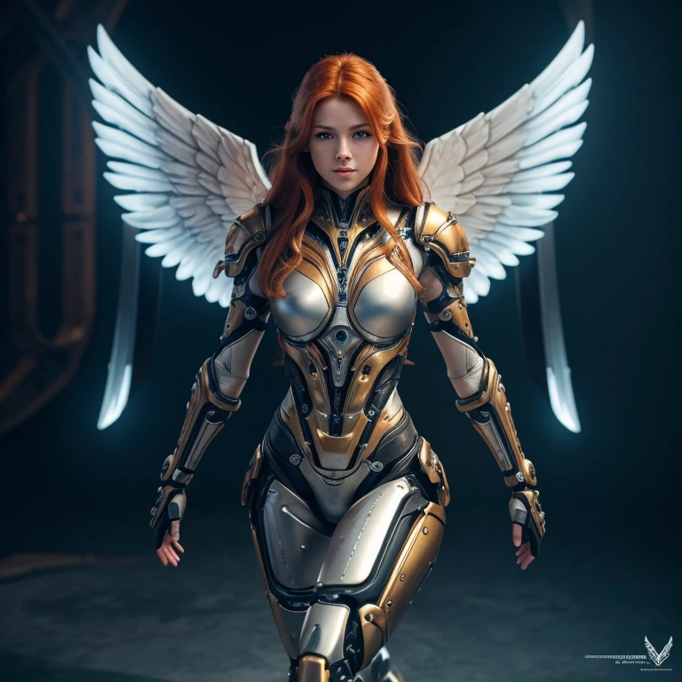 1 biomechanical female, , complete body, realistic skin, short body, biomechanical body, bio mechanical arm's, curved lips, long ginger hair, bio mechanical legs, Valhalla background, ultra detailed lighting, larg angel wings, ultra realistic, 8k, perfect face, JackO Pose,hyper realistic face, 