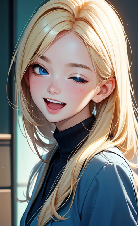 (realistic:1.4、masterpiece、top-quality、8k size wallpaper、offcial art)、(portrait,upper body:1.6)、(1girl),(very loud laugh,Open mouth:1.3),(half closed eyes),cute face,blue eyes、()、
,(stand),(Shining smile),(round face:1.3),
,(slender),(school uniform),(long fluorescence blonde hair1.3), (small breasts)、
、fluorescence、classroom,JK、
