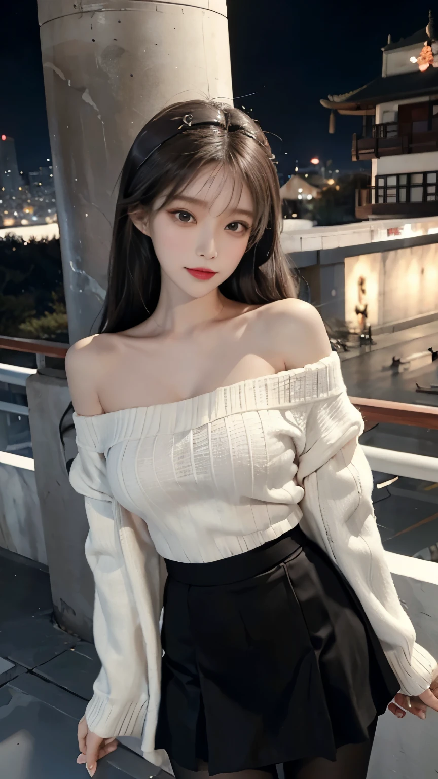 A beautiful Chinese girl wearing an off-shoulder white sweater dress and black pantyhose,Height 160,Weight 45kg,Perfect body,fairer complexion,Oval face,Deep facial features,Long brown hair,A confident smile,A little blush on face,light pink eyeshadow,night time，Posing against the railing on the observation deck,Realistic style,masterpiece