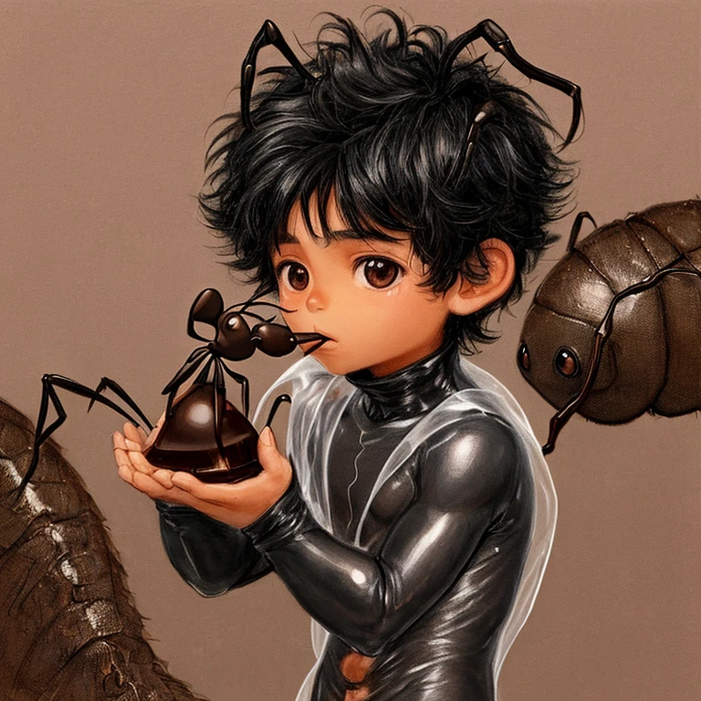 Drawing of a  Latino boy with short black hair with ant antennae and an ant suit eating a chocolate 