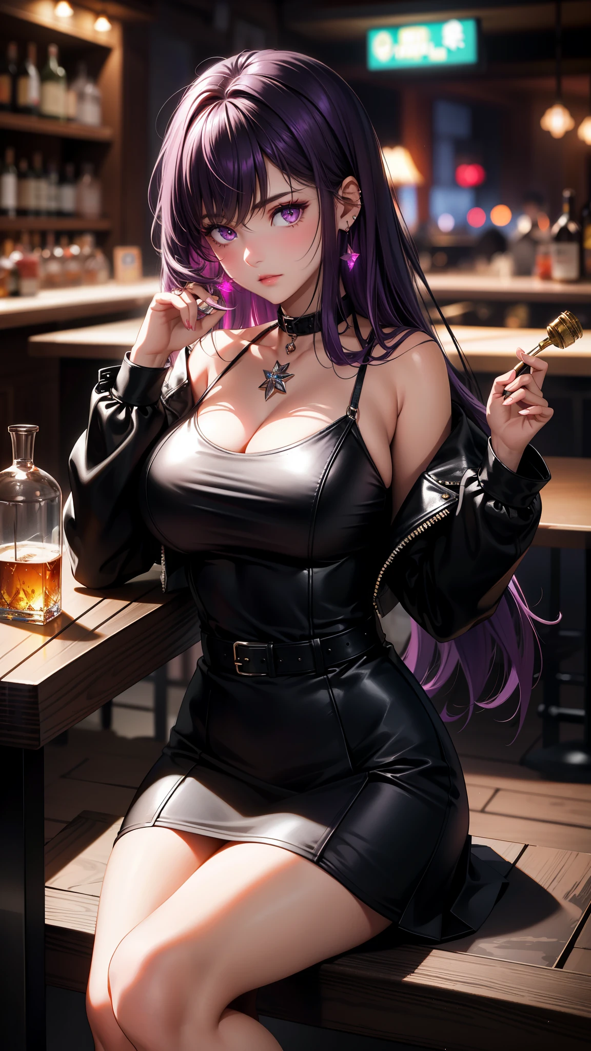 (best quality:1.1), (Masterpiece:1.2), High quality shadow, beautiful details, Beautiful face, Detailed eyes, depth of field, high resolution, best shadow, best light, 1 girl, see the audience, shiny purple hair, smooth, blunt, long hair, ruby pink eyes, shy, Very big breasts, pump, Single strap shirt, black leather jacket, black leather skirt, table, glass, liquor bottle, night time, rift, Lonely eyes, pub bar background, sexy woman, cold, pov, Cool Woman ,ear jewelry, Sitting