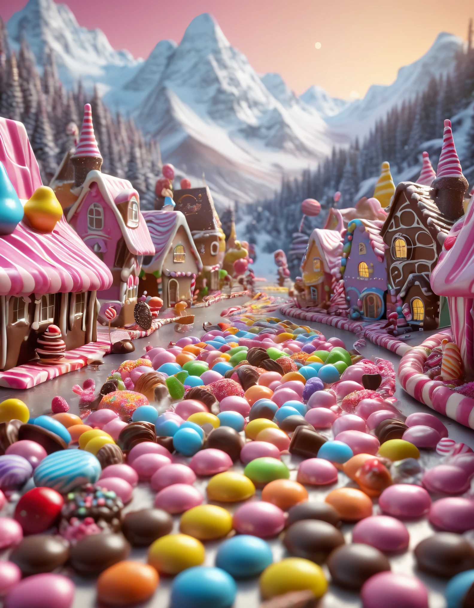 (best quality,4k,8k,highres,masterpiece:1.2), a tiny candyland filled with chocolates and assortments,  perfect illustration, semi-realism, dynamic pose, ample headroom