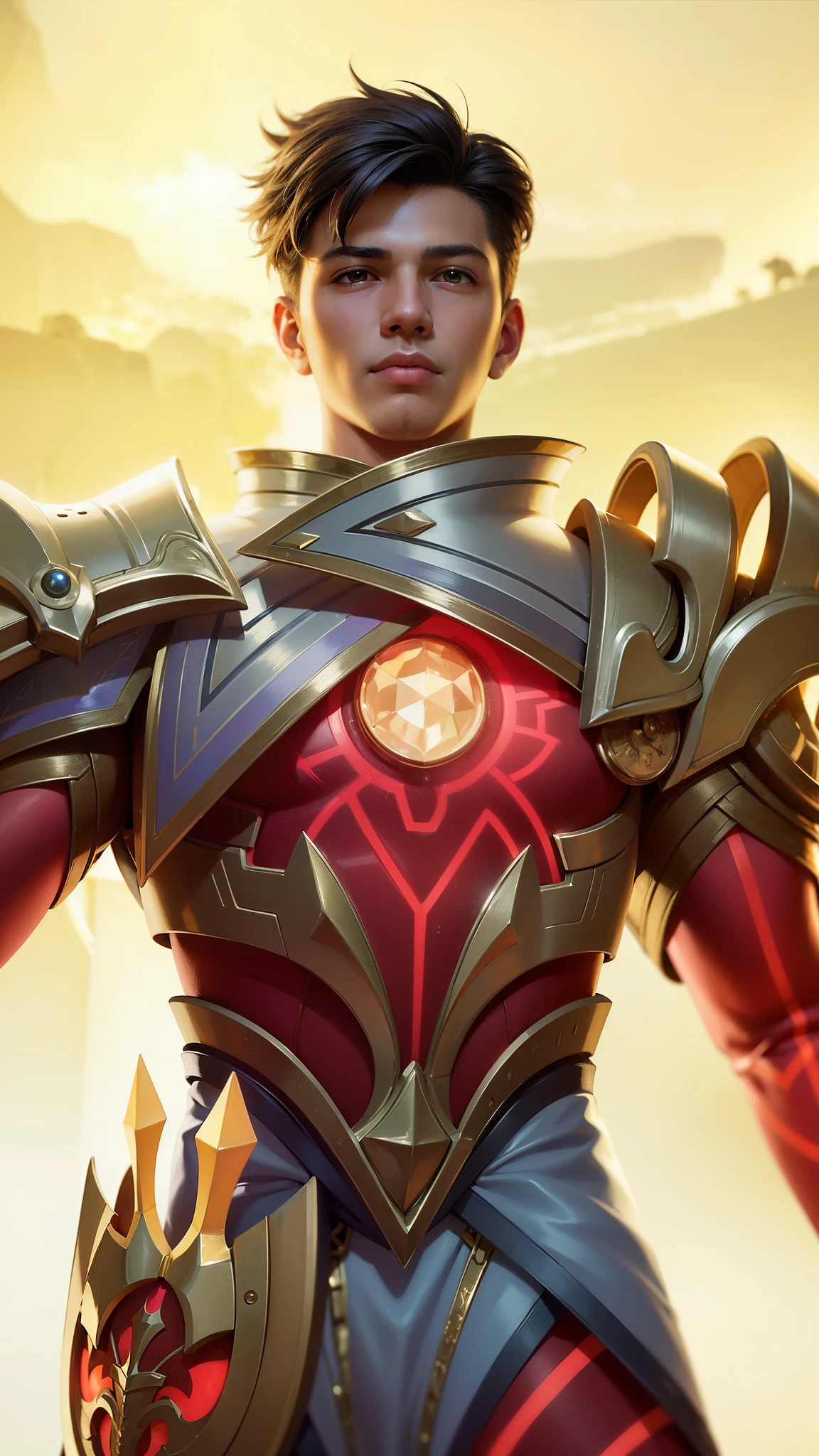 a close up of a boy in a suit with a glowing light, 8 k hd wallpaperjpeg artifact, 8k hd wallpaperjpeg artifact, artgerm detailed, fantasy rpg symmetrical portrait, paladin golden armor, guildwar artwork, extremely detailed artgerm, kaladesh concept art. mechanical, dressed in light armor, yellow eyes