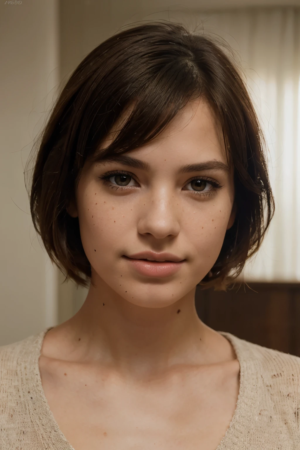 Realistic photo of a beautiful n4t4l13p-v2 woman,  1girl, solo, looking at viewer, short hair, simple background, brown hair, brown eyes, parted lips, teeth, mole, sweater, lips, mole under eye, freckles, realistic, mole on cheek, soft lighting, professional Photography, Photorealistic, detailed, RAW, analog, sharp focus, 8k, HD, high quality, masterpiece