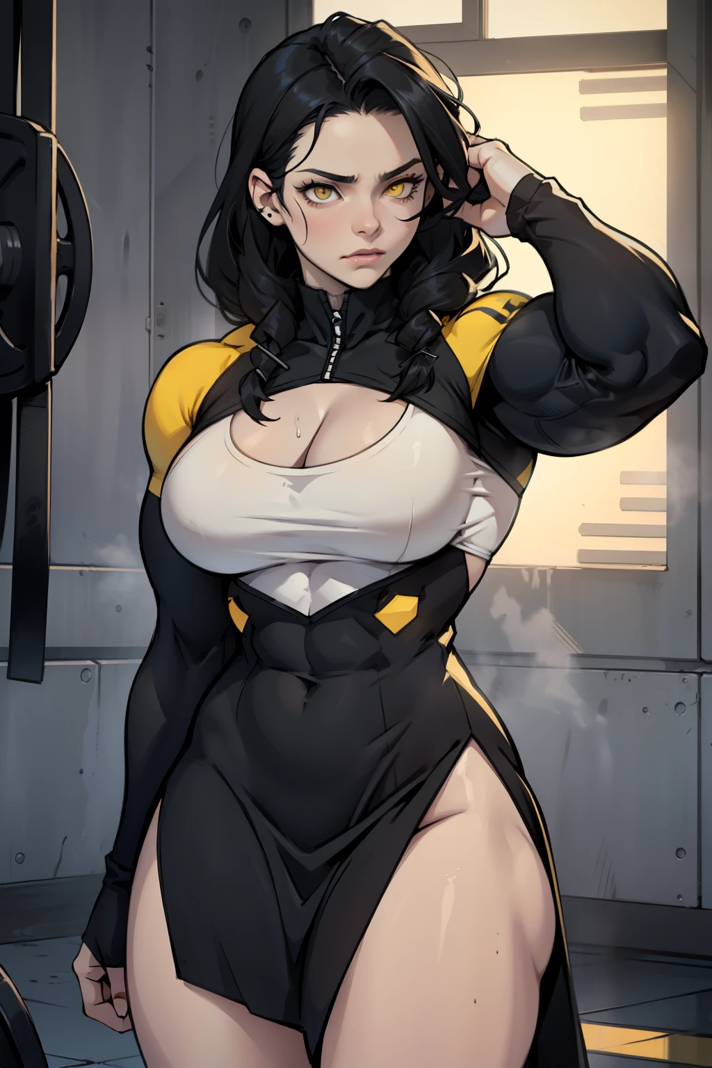 a busty female bodybuilder with pale skin black hair and yellow eyes wearing a dress sad