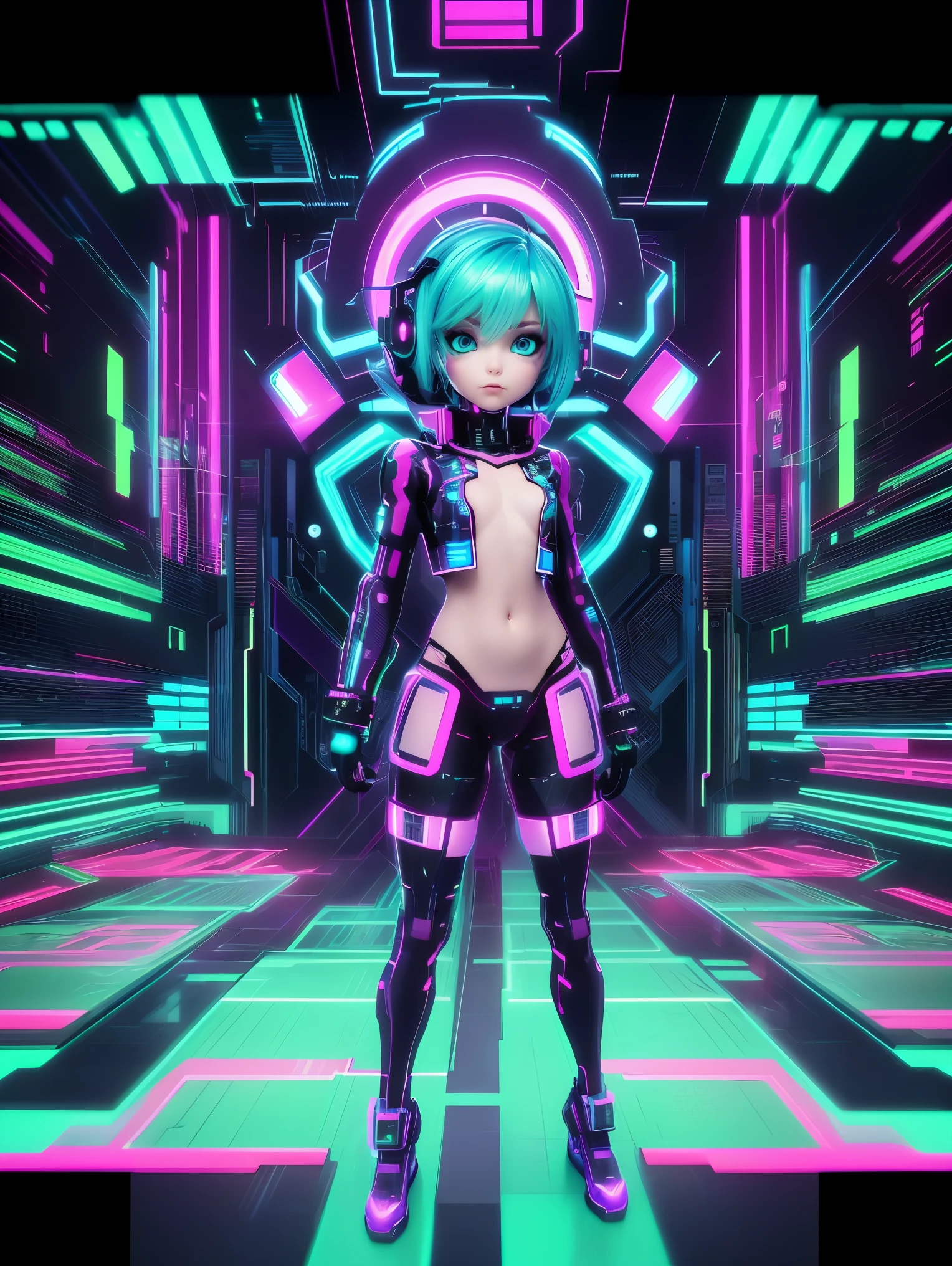 solo, 1girl, full body nude, (electric pink green hair), (electric blue eyes), ((Cyber punk outfit)), (symmetrical eyes), (Perfect face), (Perfect Anatomy), (looking at viewer), (cyber shot), ((Glitch Art background)), (glitch art:1.3) ((glitch effect)), (8k), (HD), (Cinematography)