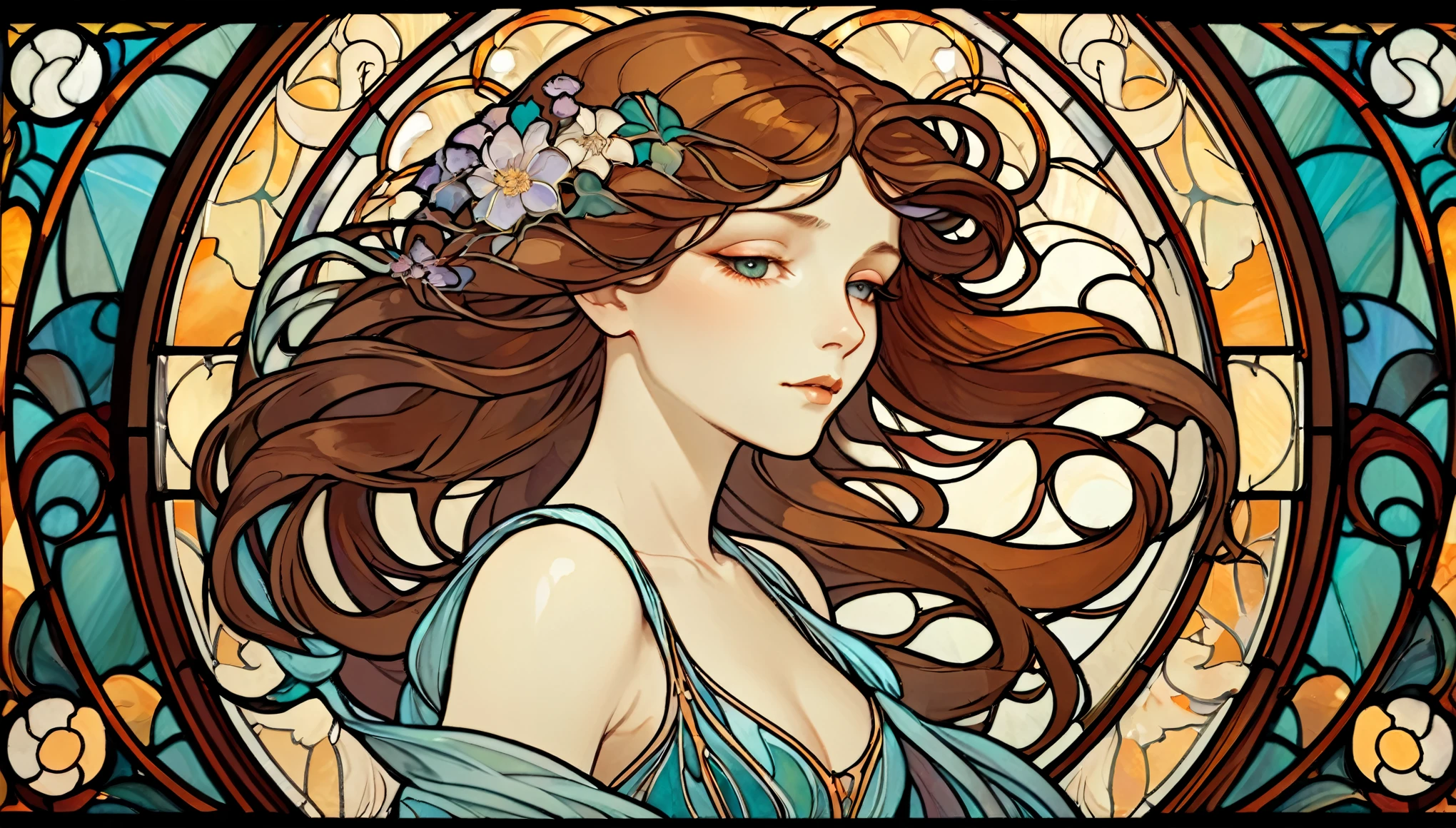 An elegant Art Nouveau stained glass portrait of a woman with flowing hair and intricate floral patterns, in the style of Alphonse Mucha's iconic works.