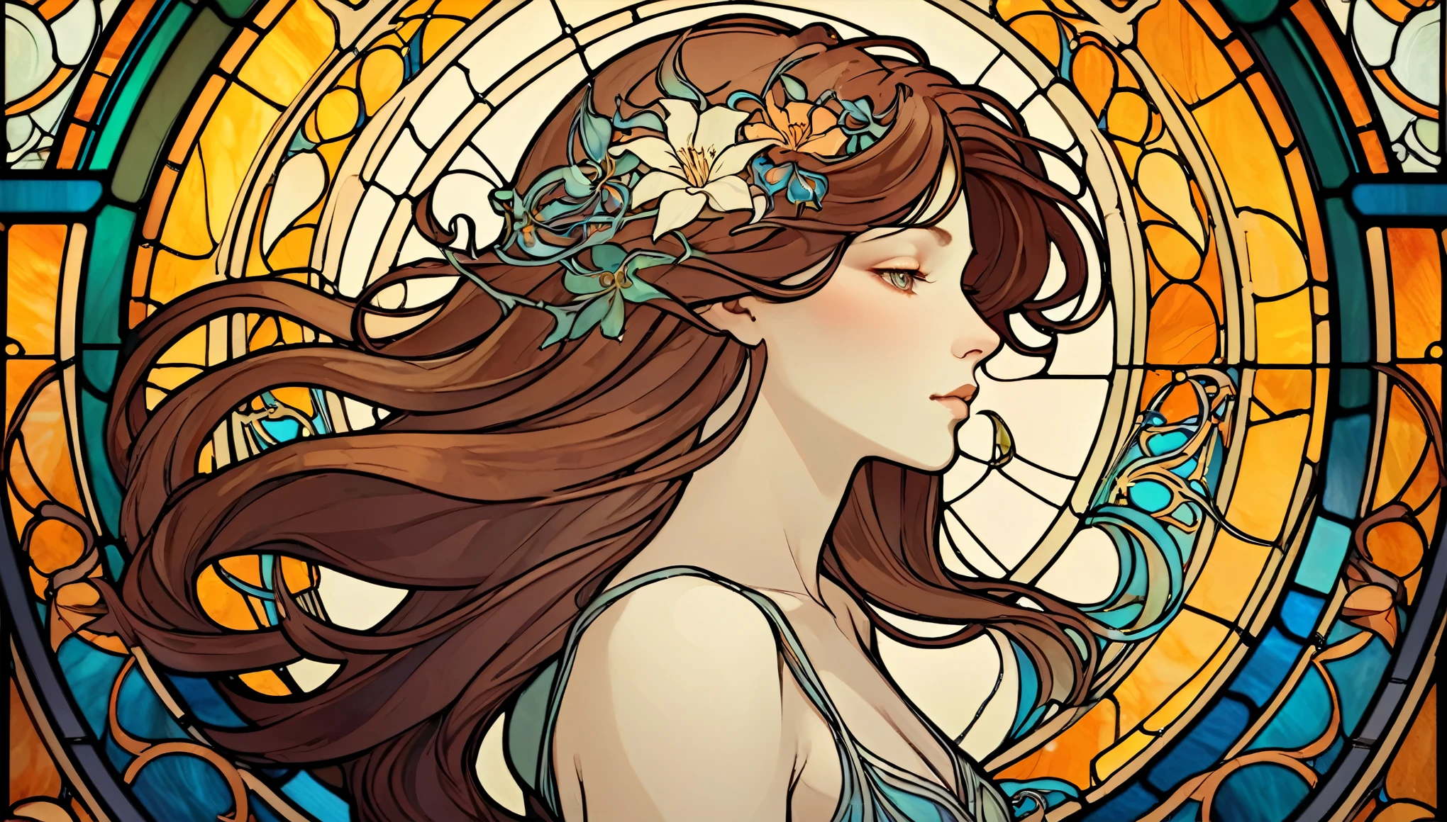 An elegant Art Nouveau stained glass portrait of a woman with flowing hair and intricate floral patterns, in the style of Alphonse Mucha's iconic works.
