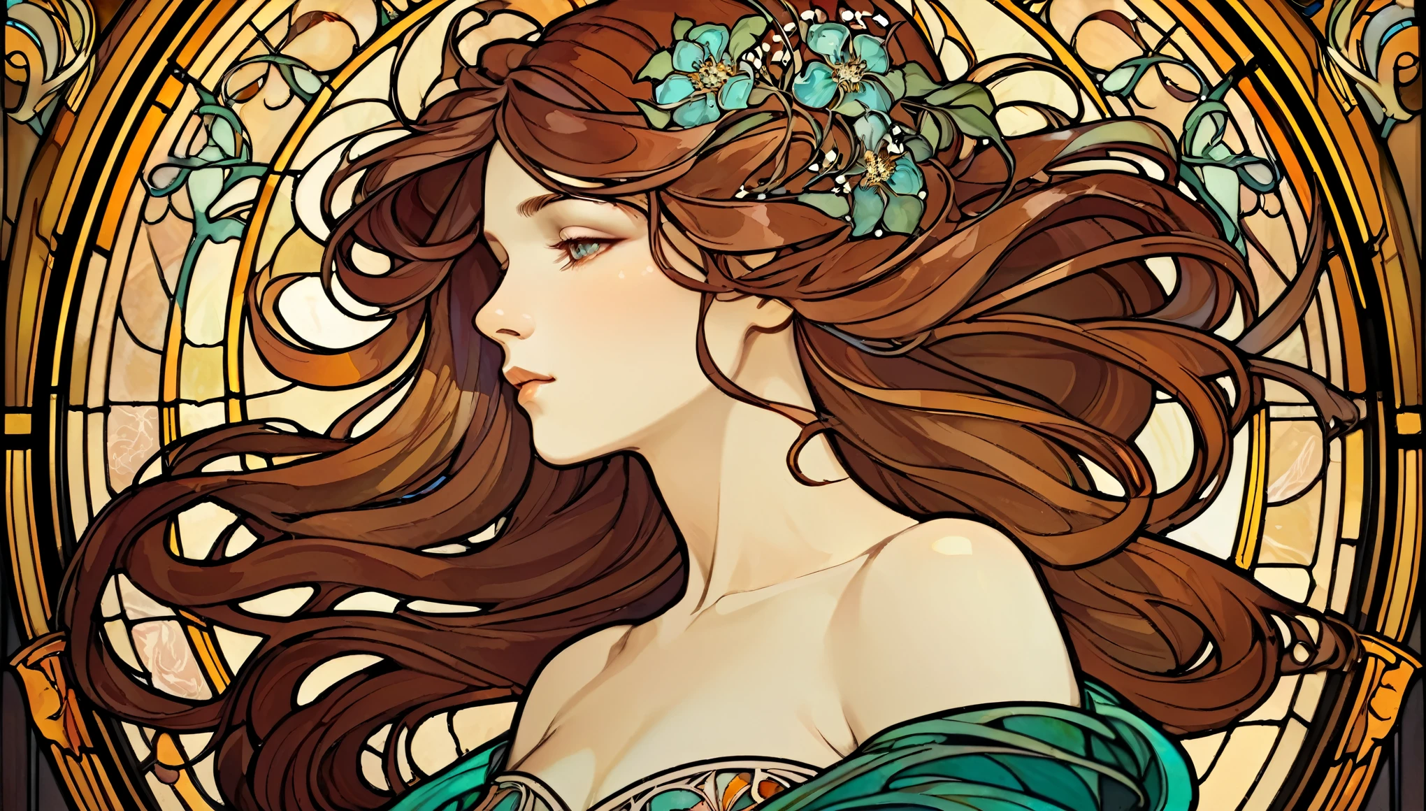 An elegant Art Nouveau stained glass portrait of a woman with flowing hair and intricate floral patterns, in the style of Alphonse Mucha's iconic works.