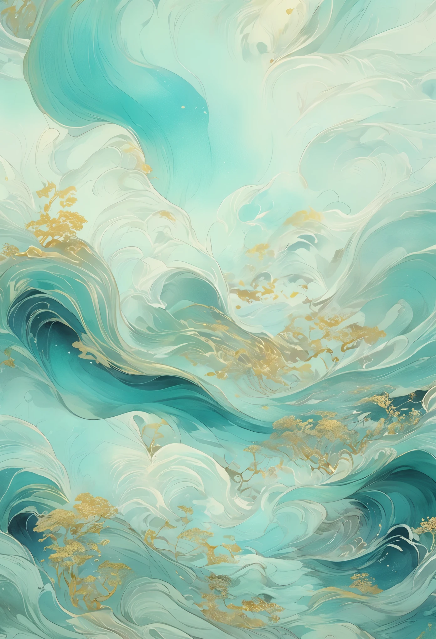 chinese painting nature illustration,  in the style of ethereal dreamscapes,  gold and aquamarine,  layered imagery with subtle irony,  historical illustrations,  futuristic chromatic waves,  light teal and white,  precise,  detailed paintings 