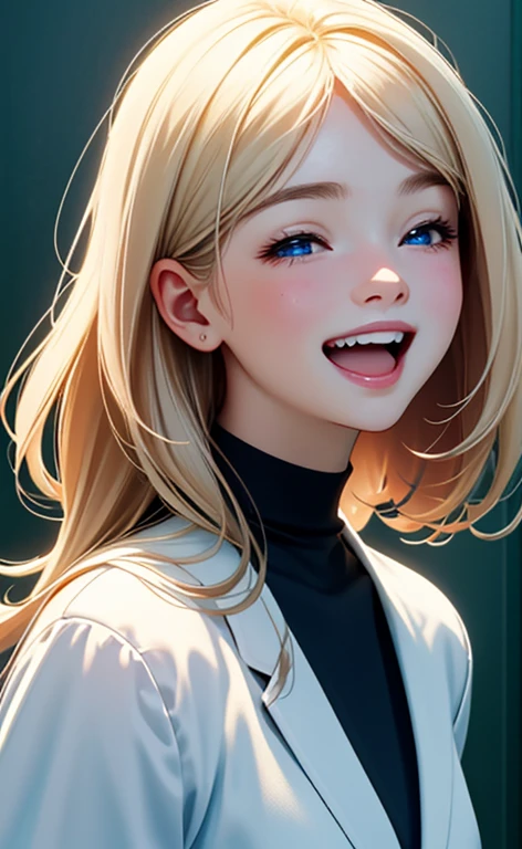 (realistic:1.4、masterpiece、top-quality、8k size wallpaper、offcial art)、(portrait,upper body:1.6)、(1girl),(very loud laugh,Open mouth:1.3),(half closed eyes),cute face,blue eyes、()、
,(stand),(Shining smile),(round face:1.3),
,(slender),(school uniform),(long fluorescence blonde hair1.3), (small breasts)、
、fluorescence、classroom,JK、