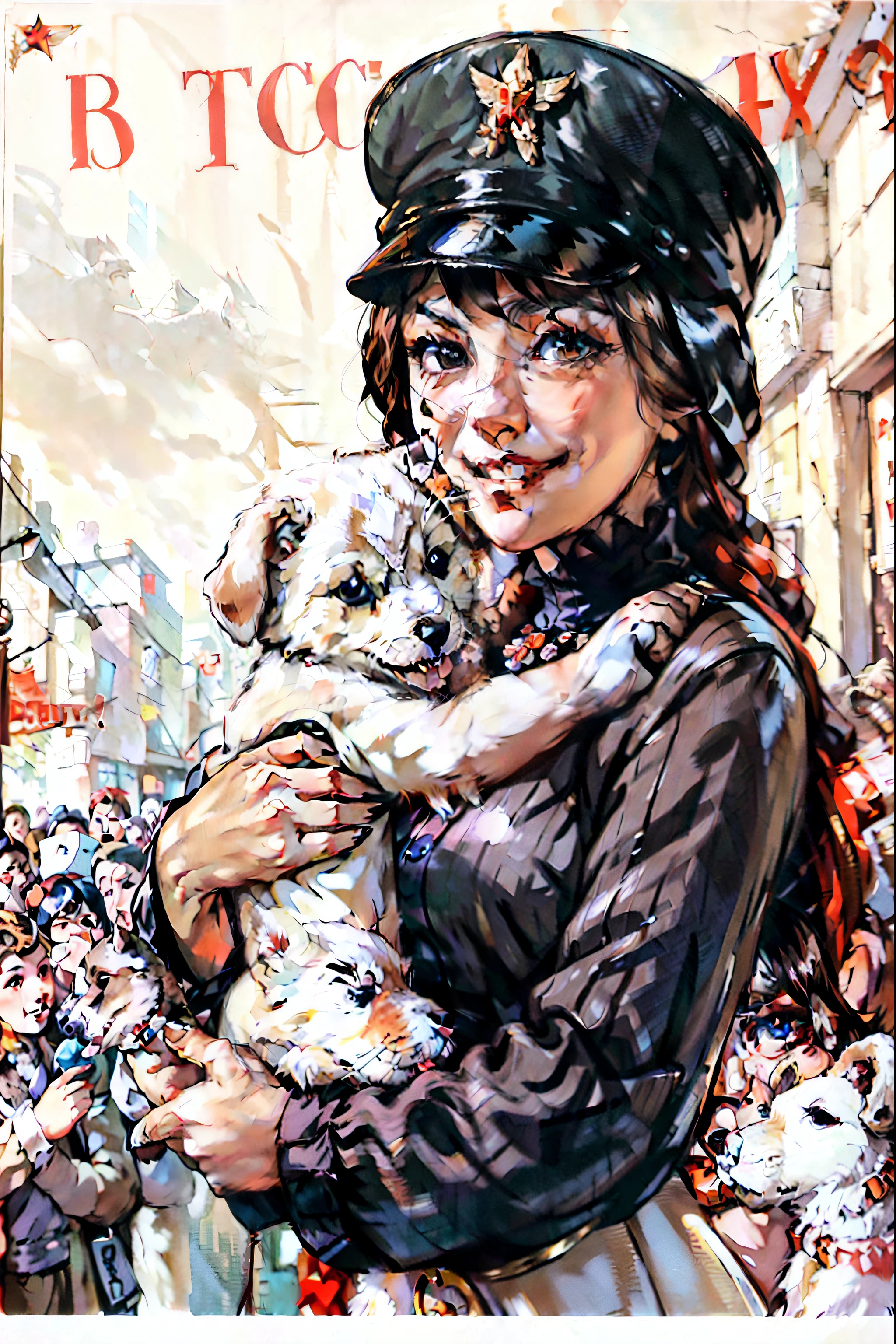 (best quality:1.2), woman with puppy, smile, looking at camera, soviet union, poster,