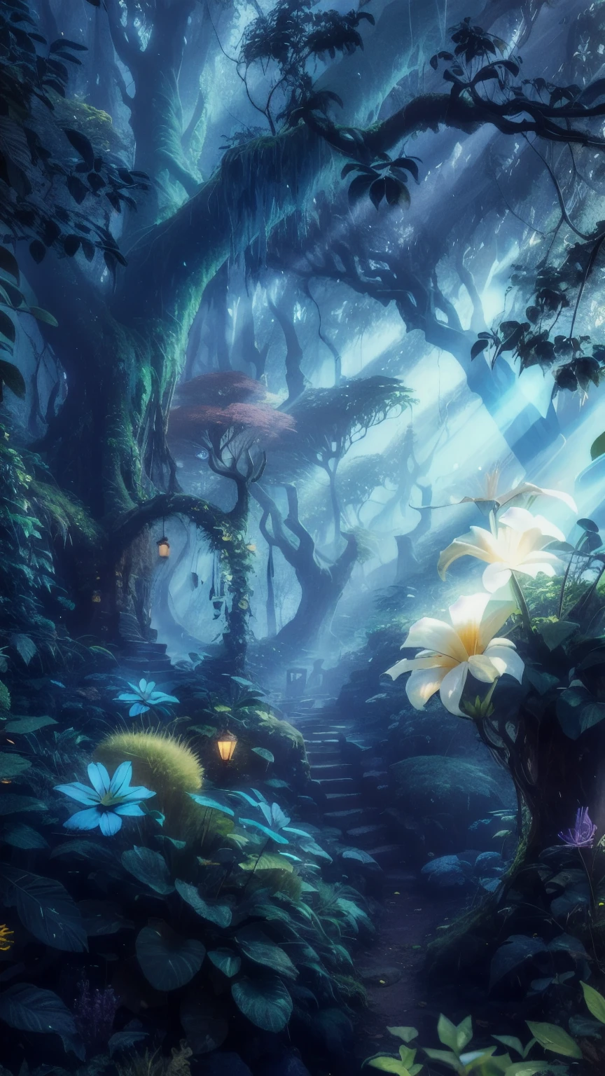 Shrouded in mysterious mist and warm sunshine, enchanting elvenforest, Vibrant flora and fauna, An invitation to explore hidden wonders.