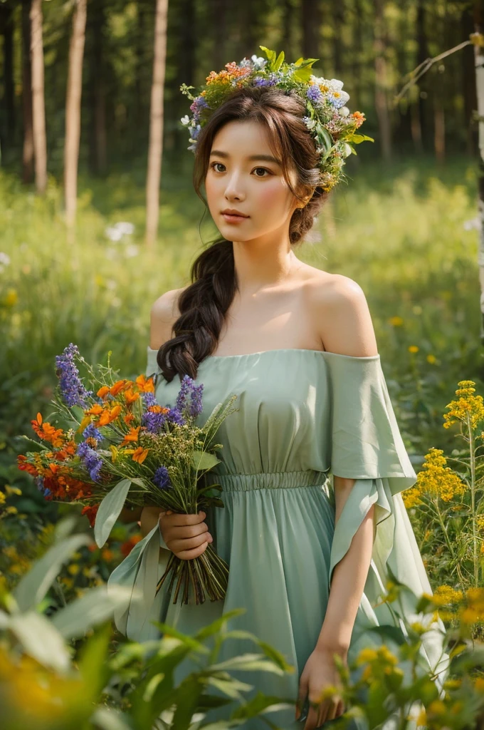 Forest nymph with a bouquet of wildflowers next to a deer