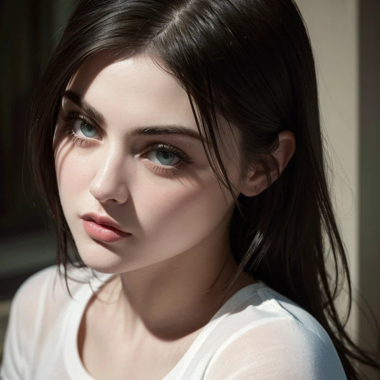 Close-up photo of a frances bean cobain, green eyes, wearing a white t-shirt, photorealistic, high contrast, 8k HD, detailed, hyper-detailed, realistic skin texture, best quality, ultra high res, raw photo, dramatic lighting, unreal engine, (Masterpiece:1.3), (best quality:1.3),