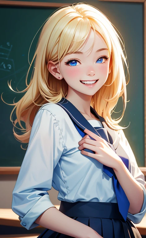 (realistic：1.4、​masterpiece、top-quality、8k size wallpaper、offcial art)、(portrait,upper body:1.6)、(1girl),(grin,Open mouth:1.3),(half closed eyes),cute face,blue eyes、()、
,(stand),(Shining smile),(round face:1.3),
,(slender),(school uniform),(long fluorescence blonde hair1.3), (small )、
、fluorescence、classroom,JK、