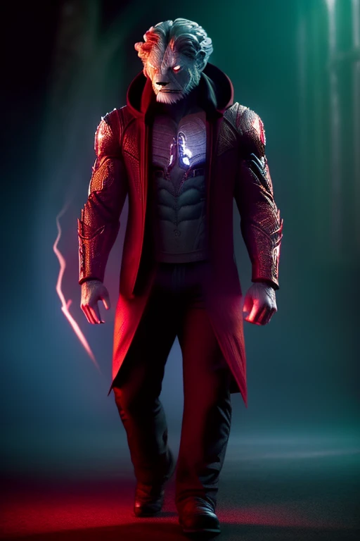 a loin, red shirt with black hoodie, hands in pocket, white skin, glowing red eyes, solo, mechanicl legs, dark night, city fire, red horns, looking like a devil, intricate details, 8k lion details, front two tooth show in face, arc reactor front chest, fire arc reactor, super body like hulk, realistic.
