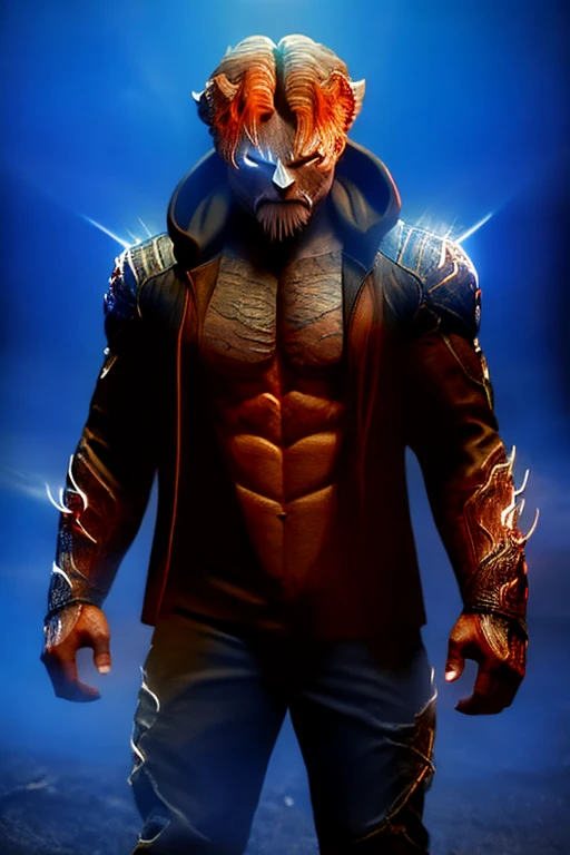 a loin, red shirt with black hoodie, hands in pocket, white skin, glowing red eyes, solo, mechanicl legs, dark night, city fire, red horns, looking like a devil, intricate details, 8k lion details, front two tooth show in face, arc reactor front chest, fire arc reactor, super body like hulk, realistic.
