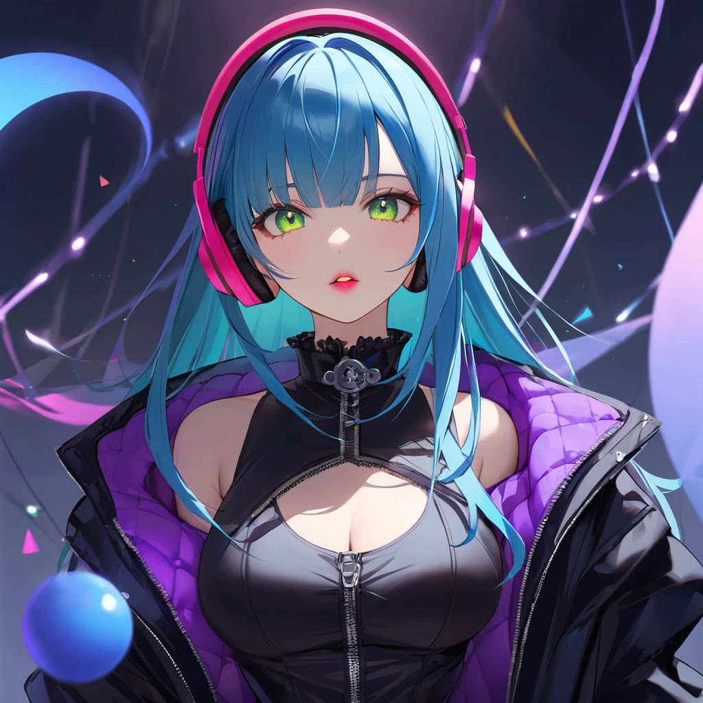 A young and very sexy and beautiful adult woman with large green eyes, long Blue hair. Impeccably make up with red lipstick, dark eyeshadow accentuating her bright eyes. She's dressed in an gothic open jacket that's slightly oversized, wearing a black shirt covering her ample bosom. Sporting large, colorful headphones, she giving a side look tô the camera. She is floating in another chaotic dimension, with purple, pink and blue shapes and lights and shadows.