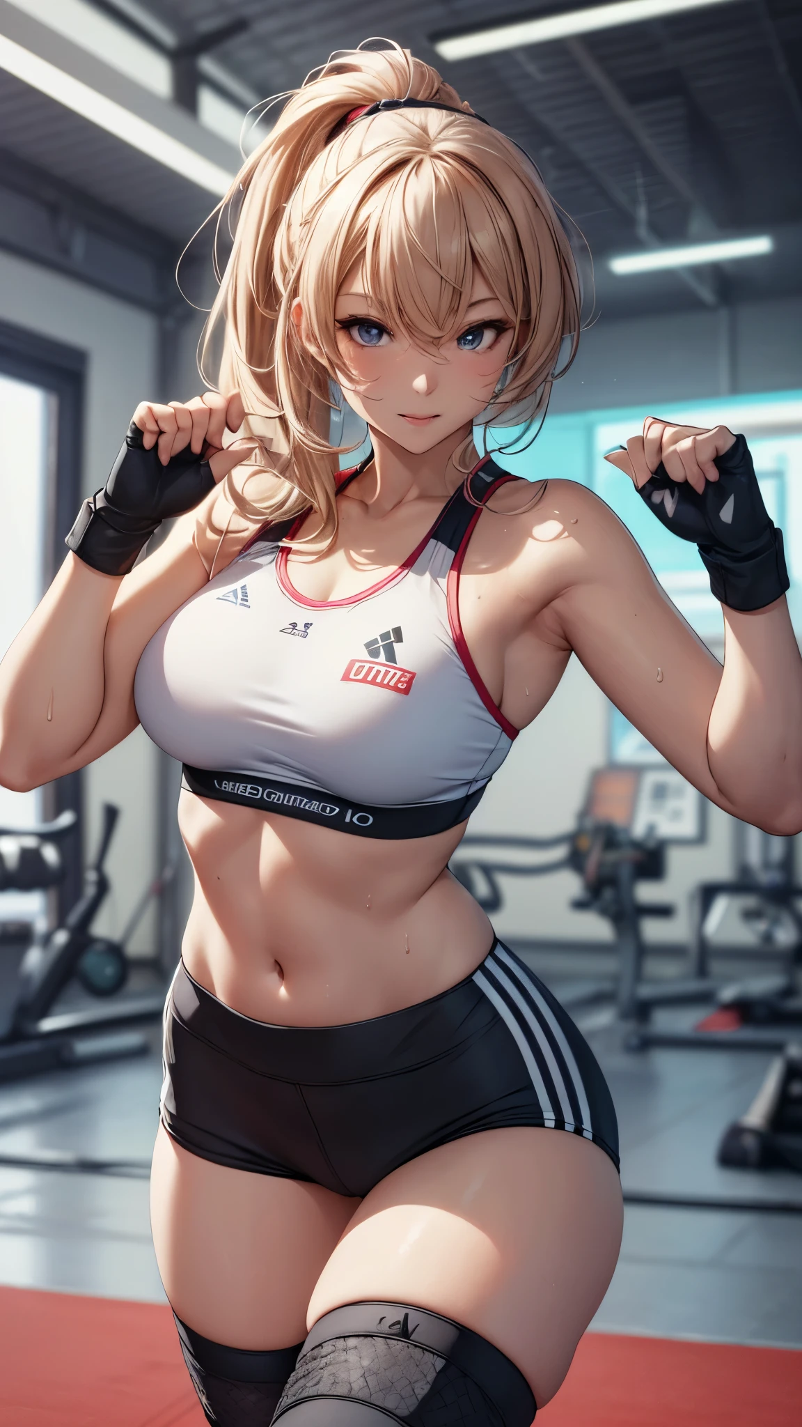 (best quality,4k,8k,highres,masterpiece:1.2),ultra-detailed,(realistic,photorealistic,photo-realistic:1.37),full body,beautiful detailed eyes,beautiful detailed lips,extremely detailed eyes and face,longeyelashes,lean and fit body,confident smile,energetic pose,attractive appearance,colorful background,vibrant colors,studio lighting,bokeh,female artist,professional,blonde short bob hair,((forehead band)),aerobics instructor,grin,sweat,active lifestyle,sporty look,sports ,shorts,((socks,race-up-long-boots)),flexible movements,slenderness body,shiny texture,sculpted figure,progressive fitness environment,positive attitude,healthy glow,fitness motivation,dedicated trainer