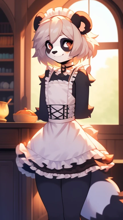 Best quality, Super detailed illustration, warm colors, perfect lighting, perfect detail, ( boy Fluffy panda:1.4) , feminine face and body, disheveled thick hair, maid clothes, shy smile, femboy, small waist, wide hips, slim, perfect body, DND style