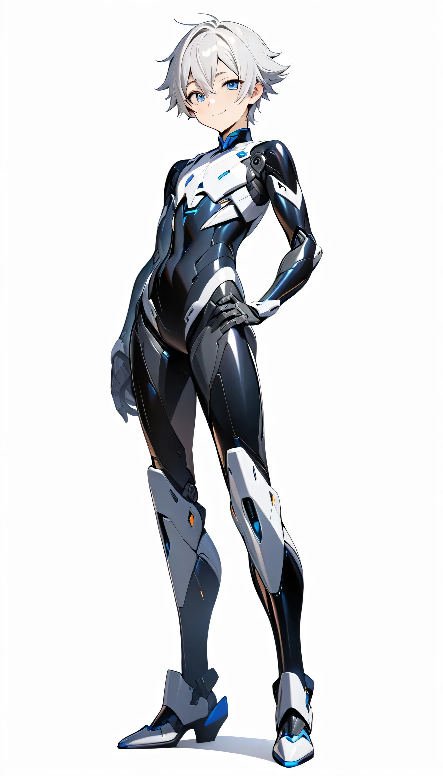(((masterpiece:1.5))), full body image, anime robot boy, 1boy, ((shota)), shiny, ((white)), smooth, (((sleek))) robot body with accents, heeled feet, silver hair, gentle face, blue eyes, calm, smiling expression, plain white background