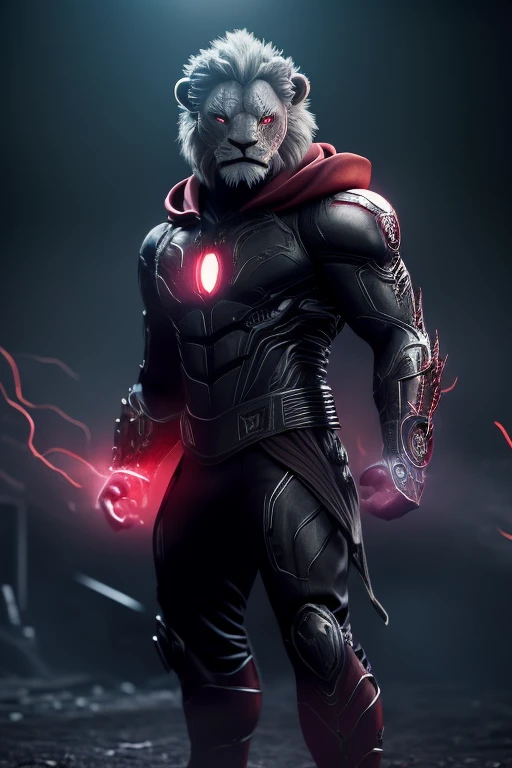 a loin, red shirt with black hoodie, hands in pocket, white skin, glowing red eyes, solo, mechanicl legs, dark night, city fire, red horns, looking like a devil, intricate details, 8k lion details, front two tooth show in face, arc reactor front chest, fire arc reactor, super body like hulk, realistic.