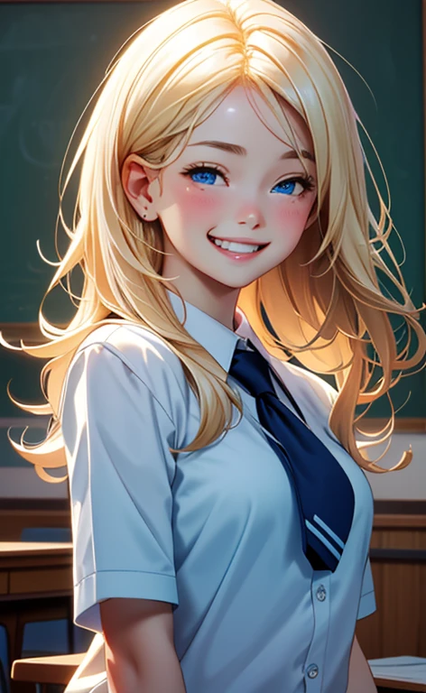 (realistic：1.4、​masterpiece、top-quality、8k size wallpaper、offcial art)、(portrait,upper body:1.6)、(1girl),(grin,Open mouth:1.3),(half closed eyes),cute face,blue eyes、()、
,(stand),(Shining smile),(round face:1.3),
,(slender),(school uniform),(long fluorescence blonde hair1.3), (small breasts)、
、fluorescence、classroom,JK、