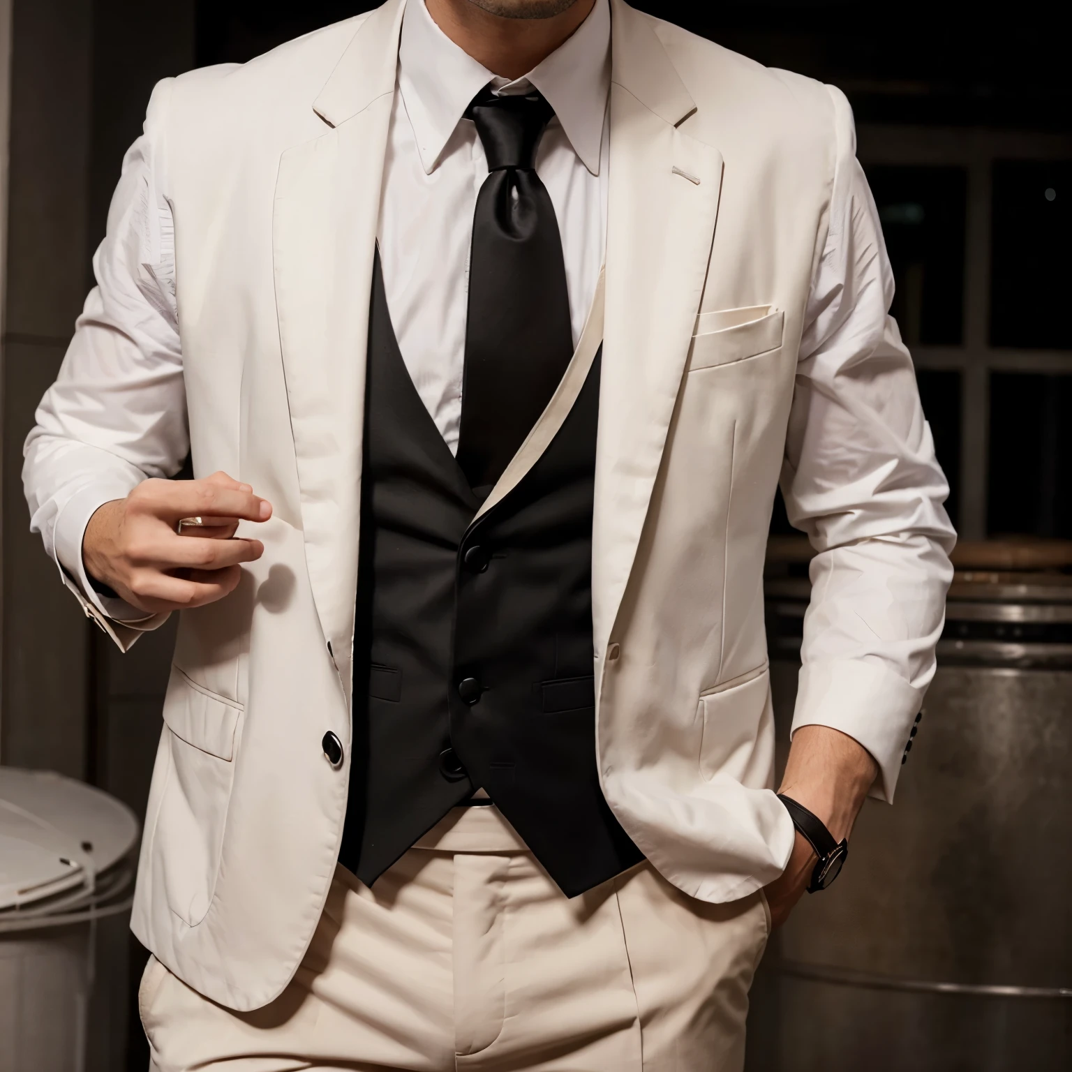 Give me a perfect combination of a plain black vest, a beige tuxedo, and a black, white, dirty white, light pink, and a gray trousers.