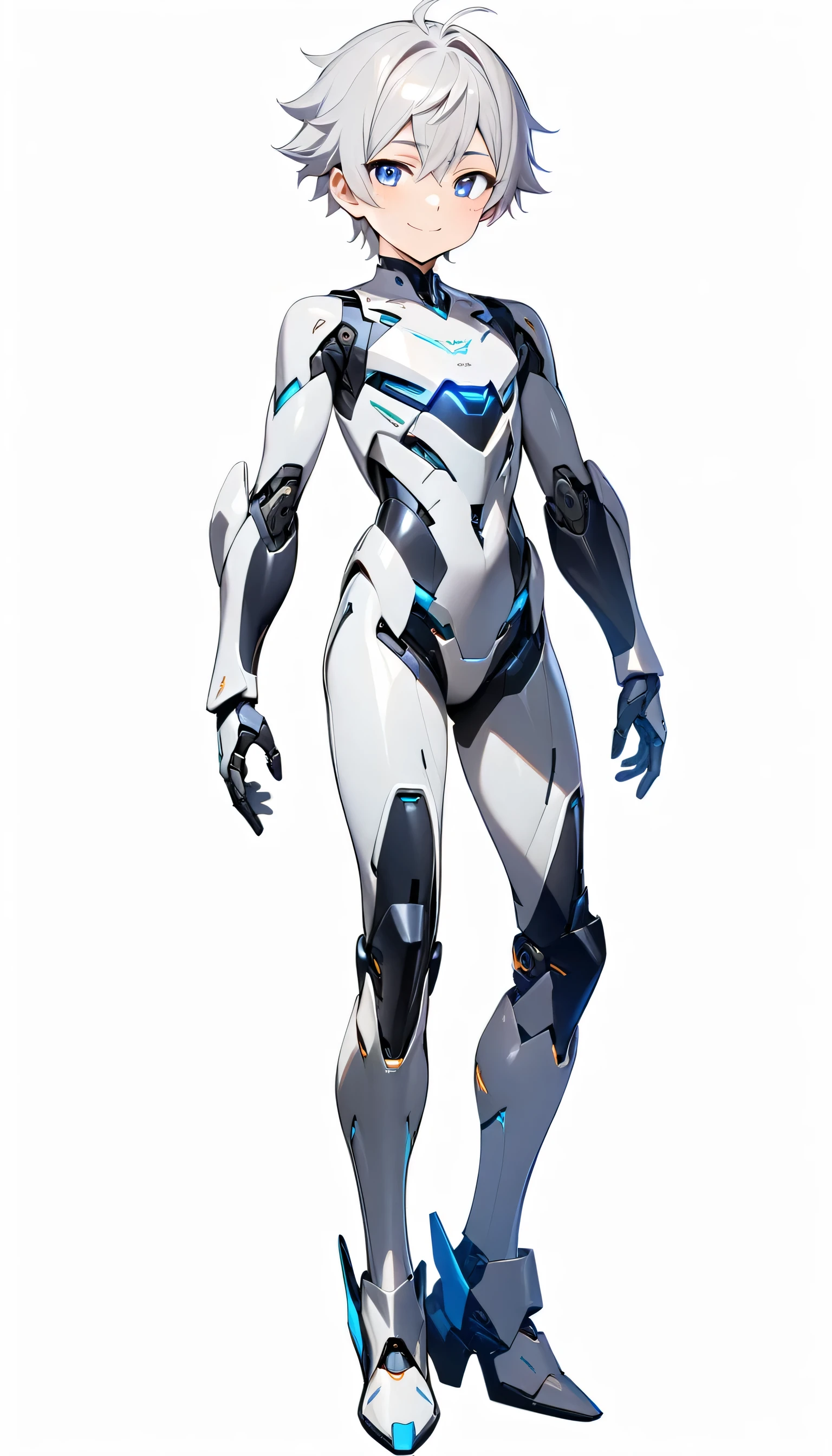 (((masterpiece:1.5))), full body image, anime robot boy, 1boy, ((shota)), shiny, ((white)), smooth, (((sleek))) robot body with accents, heeled feet, silver hair, gentle face, blue eyes, calm, smiling expression, plain white background