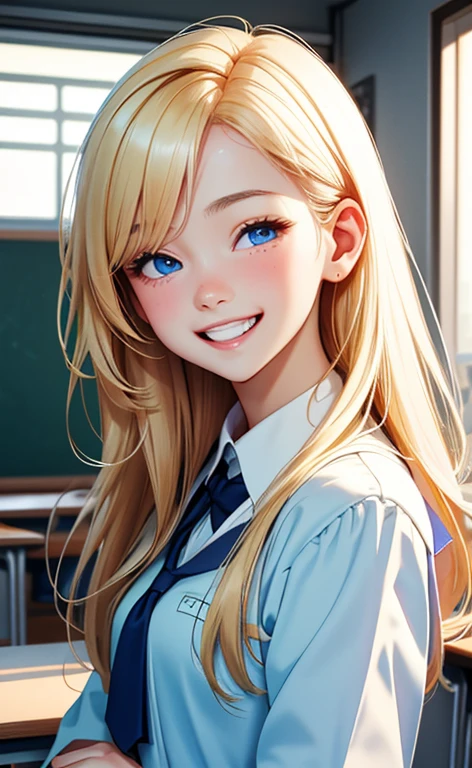 (realistic：1.4、​masterpiece、top-quality、8k size wallpaper、offcial art)、(portrait,upper body:1.6)、(1girl),(grin,Open mouth:1.3),(half closed eyes),cute face,blue eyes、()、
,(stand),(Shining smile),(round face:1.3),
,(slender),(school uniform),(long fluorescence blonde hair1.3), (small breasts)、
、fluorescence、classroom,JK、